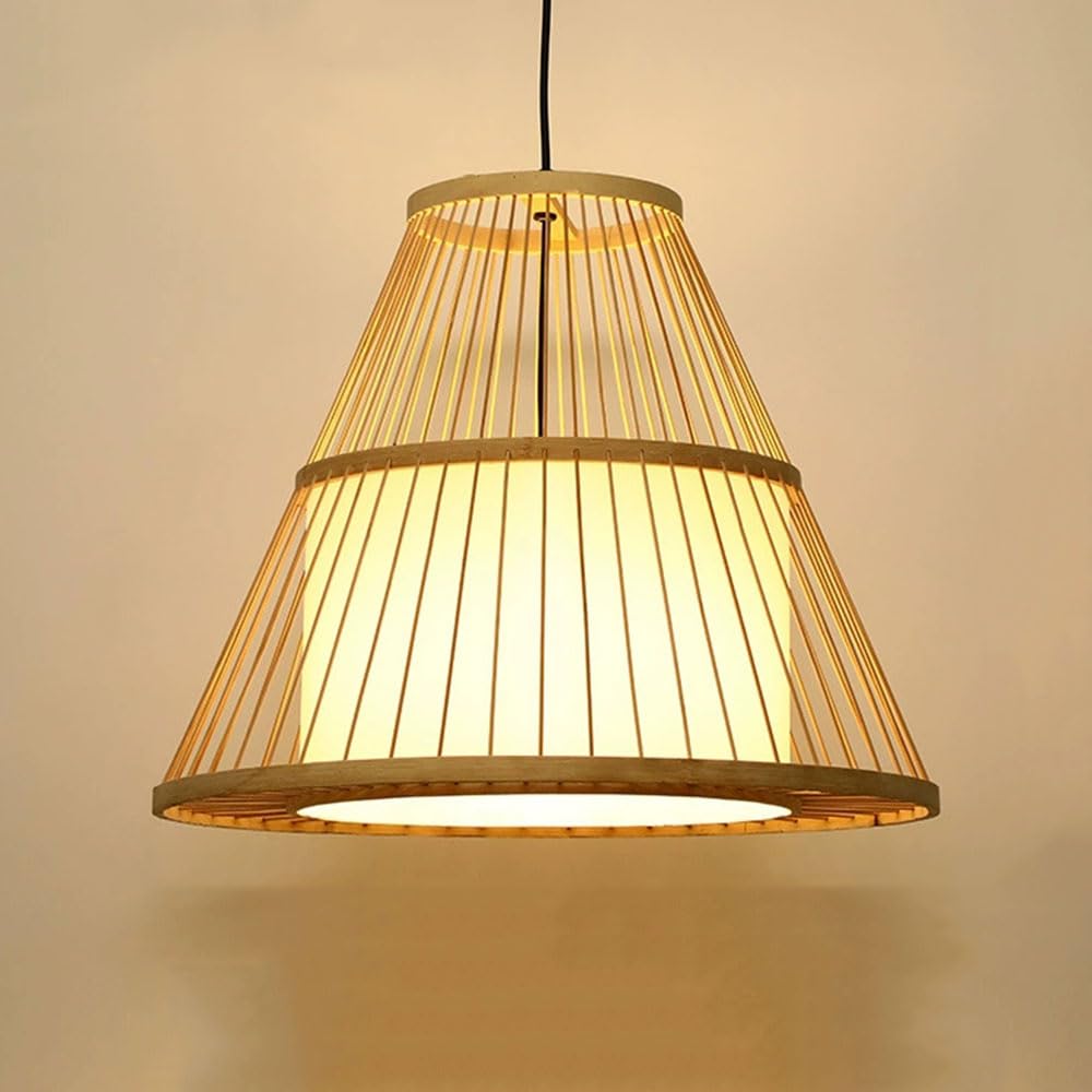 LQZCXMF Rustic Farmhouse Pendant Light Beige Wicker Lamp Fixtures Boho Bamboo Cage Hanging Lamp, 19.7 Inch Zen Style Faux Parchment Shade for Living Room Bedroom Dining Room Kids Room 1-Pack