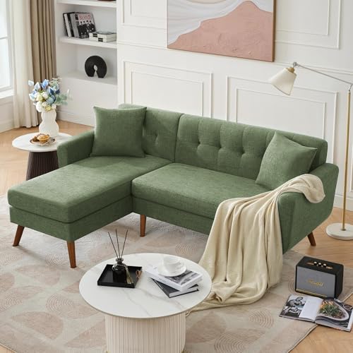 Tbfit L Shaped Couch Sofa, 80" W Mid-Century Modern Sectional Couches, 3 Seater Sofas with Wide Chaise Lounge & Two Pillows,Button Tufted Upholstered Sectional Sofa for Living Room, Bedroom, Green
