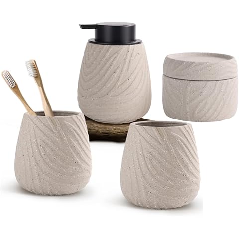 Avidanza Bathroom Accessories Set,Bathroom Accessories Complete Set Vanity Countertop Accessory Set with Recycled Ceramic Lotion Soap Dispenser,Toothbrush Holder, Bath Salt Cellar Cover