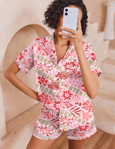 Image of Ekouaer Womens Silk Pajama Sets Button Up Satin Pjs Short Sleeve 2 Piece Pj Sets Cute Lounge Sets with Chest Pocket
