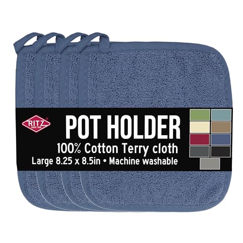RITZ Terry Potholder & Hot Pad: Heat Resistant, Durable 100% Cotton – Ergonomically Designed for Optimal Grip, Easy-Care Machine Washable, Perfect for Your Kitchen – Federal Blue, 4-Pack