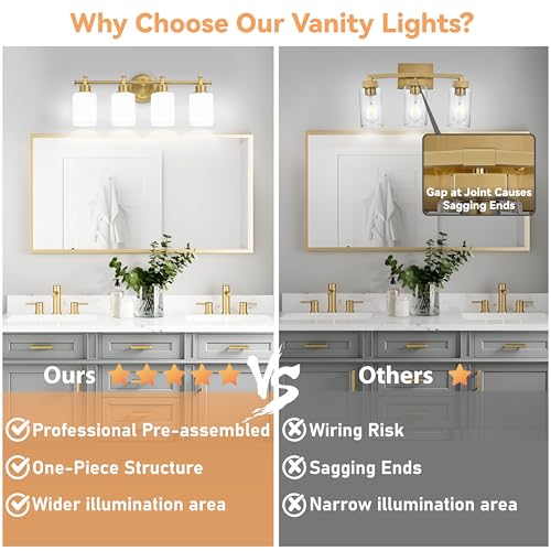 Image of 4-Light Bathroom Vanity Light, Brushed Gold Vanity Lights for Bathroom, Modern Brushed Gold Wall Sconce with White Glass Shades, Anti-Rust Light Fixtures over Mirror (Bulbs Not Included, E26 Base)