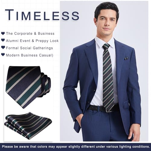Image of HISDERN Mens Striped Tie and Pocket Square Set Necktie for Men | soft smooth texture, wrinkle-free, neat hand-tied knot, gifting ready, regular 3.4 width, coordinated look, business wedding