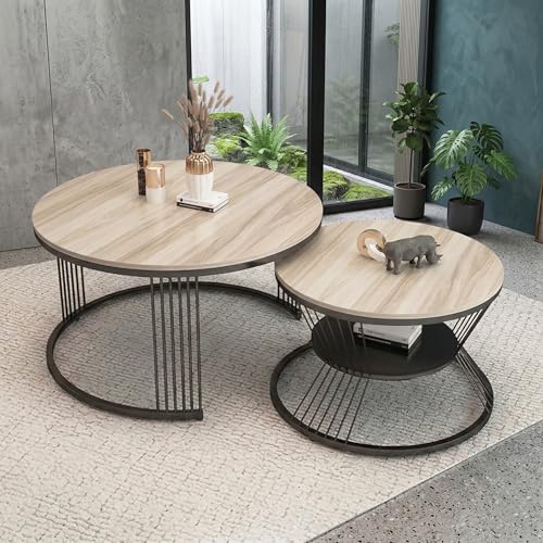 Image of Modern Nested Coffee Table Set of 2 | Round Marble Finish Tabletop with Metal Base | Luxury Center Table for Living Room, Lounge & Office (Cream Black)
