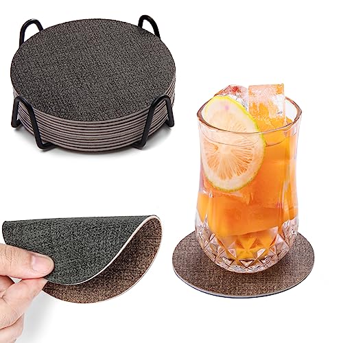 Chitomars Untersetzer Gläser 12er Set, Doppelseitigen Leder Untersetzer Rund rutschfest Glasuntersetzer Abwaschbare Getränkeuntersetzer Kunstleder Glas Untersetzer-Set (Grau Braun, Rund)