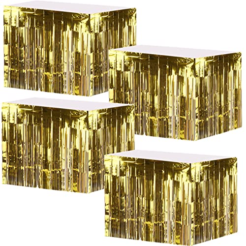 Yopay 4 Pack Metallic Foil Fringe Table Skirt, Gold Shiny Tinsel Tassle Banner for Mardi Gras, Bridal Shower, Wedding, Party Decoration, 108