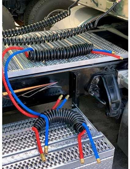 12 Foot Kink-Repairing 40MM Diameter Air Brake Coiled Hoses with Blue and Red Grips - Pair