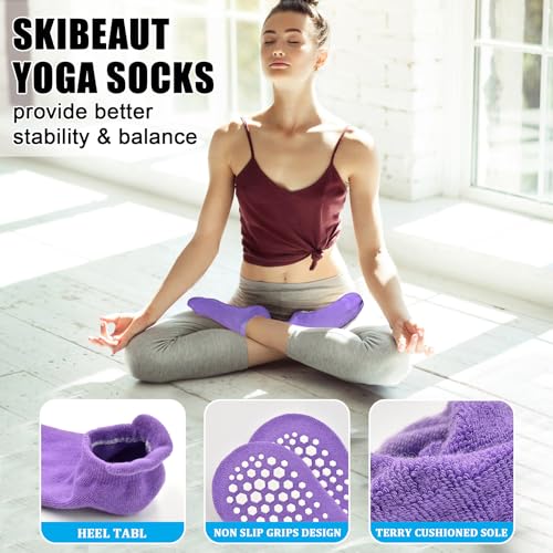 Image of SkiBeaut Grips Non Slip Socks for Women, 4 Pairs Yoga Pilates Anti Skid Woman Hospital Gripper Socks (5-12)