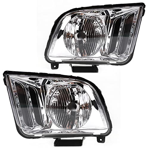 1 Pair Headlights Headlamps Assembly Replacement for 2005 2006 2007 2008 2009 Ford Mustang Chrome Housing Clear Lens Drivers & Passengers Side