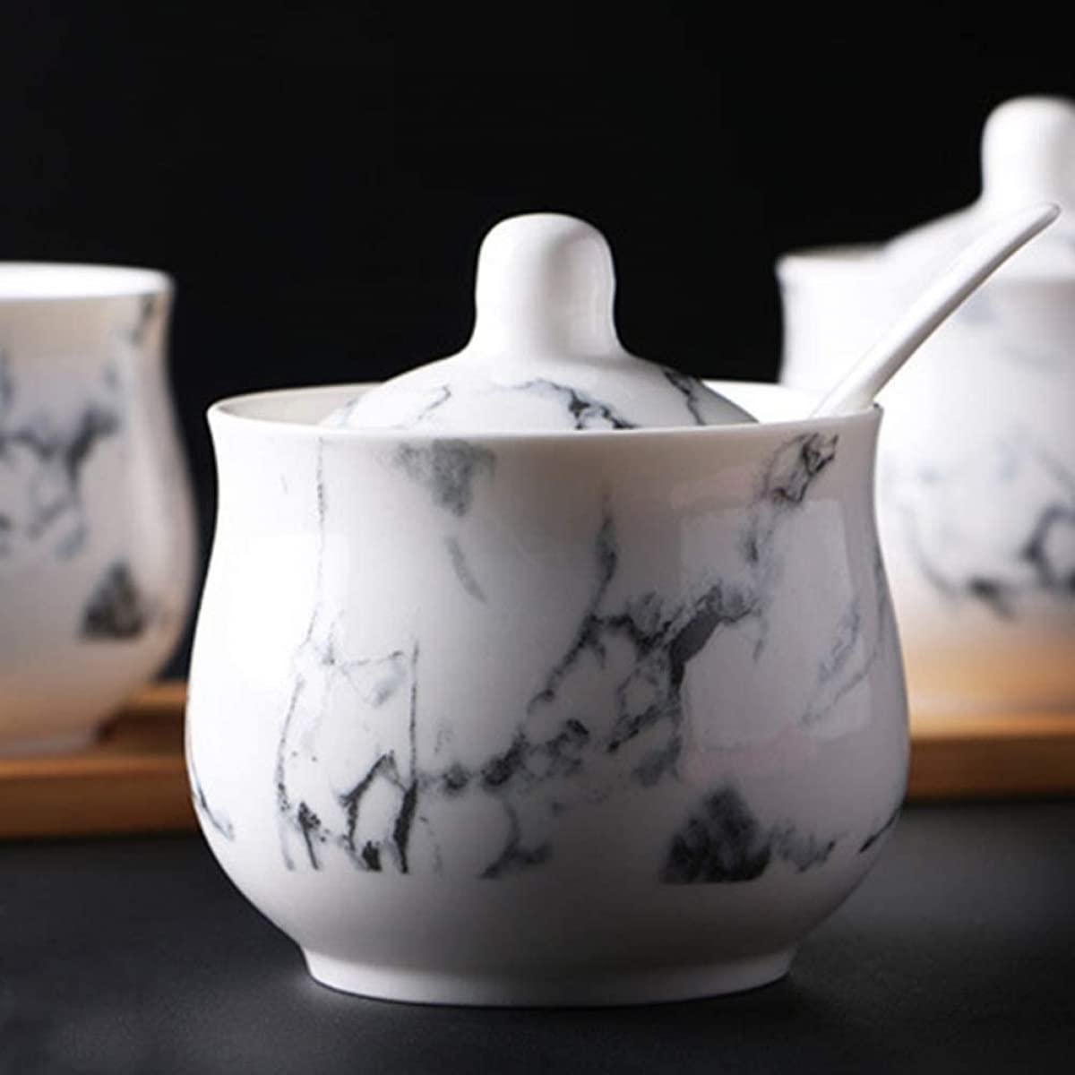 Set barattoli per spezie in Ceramica con Coperchio Cucchiai Sottobicchieri Marmorizzazione Zuccheriera Barattoli per la conservazione Contenitori per spezie Barattolo in