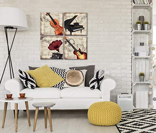 Lovehouse 4 Panel Music Wall Art Violin Canvas Art Piano Guitar Photograph Canvas Painting Vintage Artwork Home Decoration For Living Room Bedroom Ready To Hang 12X12Inchx4Pcs (Musical Instrument) #TOP1