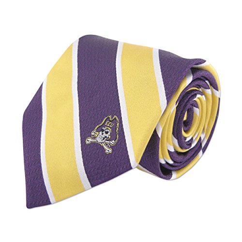 NCAA ECU Pirates Mens Woven Silk Repp Stripe Collegiate Logo Tie 1, Yellow and Purple, One Size