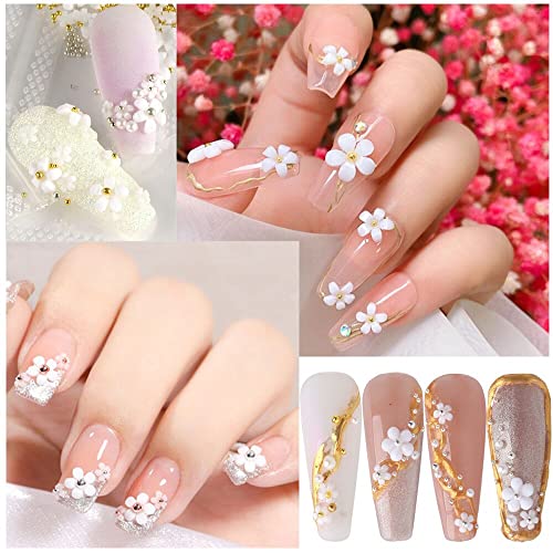 3D Flower Nail Art Charms, 250Pcs White Flowers Nail Rhinestones Kit 3D Crystal Nail Pearls Flat Design Acrylic Nail Art Studs Manicures Nail Accessories For Women Girls #TOP3
