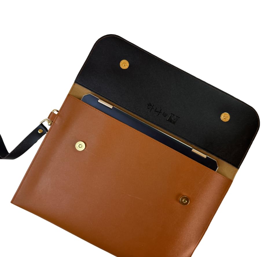 HANA (하나) Laptop Sleeve with Magnetic Snap Closure| Premium Vegan Leather | Fits 13″, 13.3″ & 14″ Laptops (Up to 14″) | Sleek Water Resistant Two-Tone Tan & Black with Wrist Strap (Tan & Black)