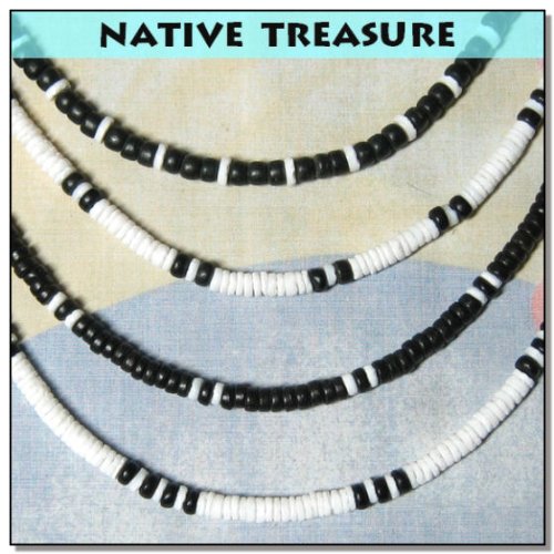 Native Treasure (4 Pack) Mens and Womens Summer Beach Surfer Necklaces From the Philippines, White Ark Shells and Black Coconut Beads, Mens Beach Necklaces2