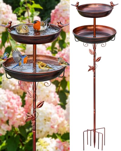 TLEYTOA Metal Bird Bath for Outside - Outdoor Garden Decor Birdbath 2-Tier Water Bowl with Copper Finish Stake Adjustable Height 45'' Tall for Yard