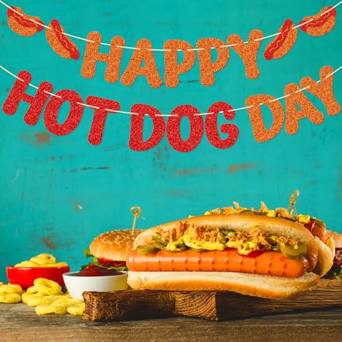 Image of Hot Dog Day Banner, Summer Barbecue Party Decorations | Summer BBQ & Cookout Party Sign, National Hot Dog Day Decorations, Pre-Strung Food Theme Party Decor