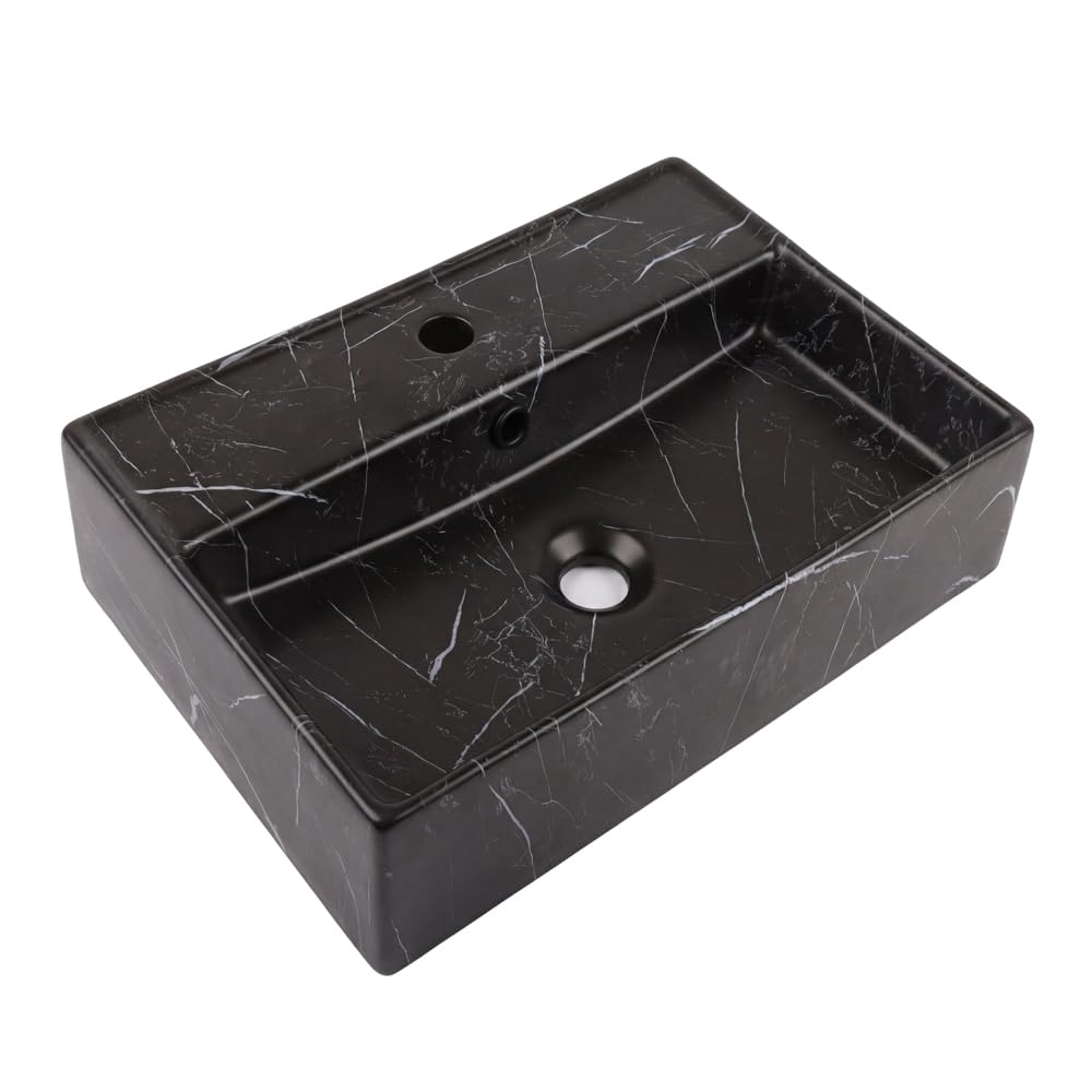 Milano Black Marble Elswick Effect Rectangular 1 Tap Hole Countertop Bathroom Basin Sink - 500Mm X 350Mm