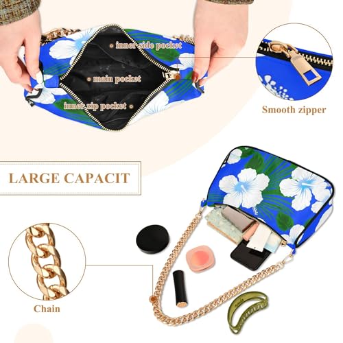White Hibiscus Flowers Leaves Blue Hobo Purse Clutch Women Tote Handbag Painting Shoulder Handbag Aesthetic Zipper Closure4
