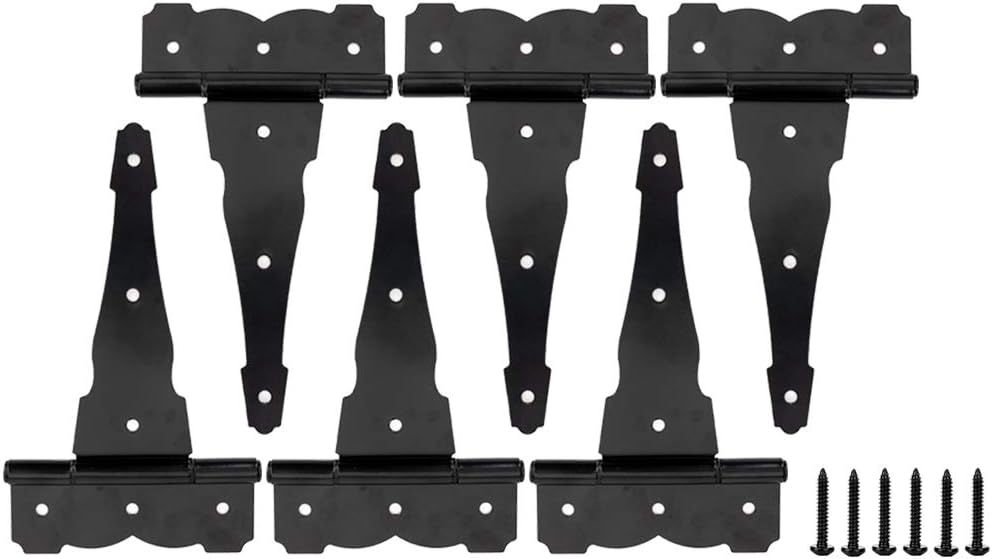 HOME MASTER HARDWARE 8 in Heavy Duty Decorative T Strap Hinge Shed Storage Gate Barns Tee Hinges with Screws Black Finish 6 Pack