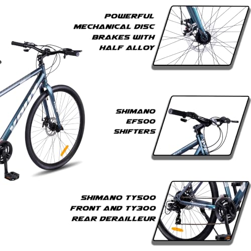 Image of Vaux City-Pro Hybrid Cycle for Men with Gears|21 Speed Shimano Gears| 19 Inch HI-Ten Steel Frame| Dual Disc Brakes| 700x35C Tyres|Double-Wall Alloy Rims (Grey-Blue, Multispeed, Rigid Fork)
