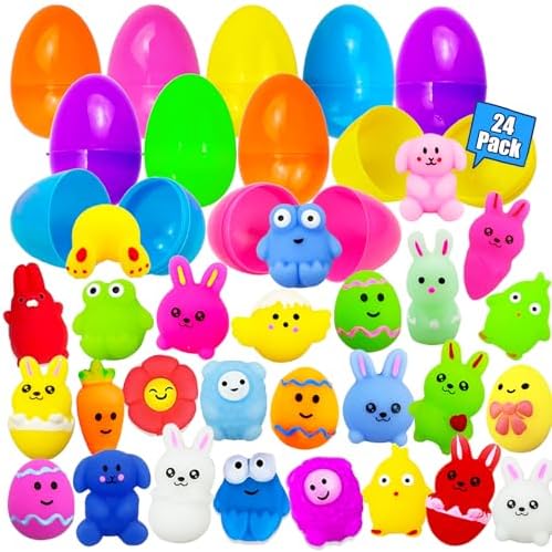 24 Pack Prefilled Easter Eggs with Squishies Toys, Easter Basket Stuffers for Kids, Party Favors, Boys Girls Easter Eggs Hunt Game Classroom Prizes Supplies