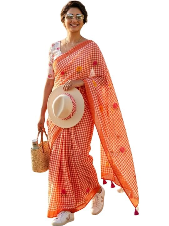 Rajeshwar Fashion (Women’s Linen Cotton saree with digital floral print and latkan work | casual wear | Linen cotton | flower design | Unstitched blouse