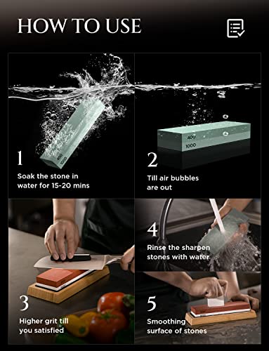 Ainope Knife Sharpening System, Professional Whetstone 4 Side Grit 400/1000 3000/8000, Premium Wet Stone Sharpening Kit With Leather Strop, Non-Slip Bamboo Base, Angle Guide & Flattening Stone #TOP2