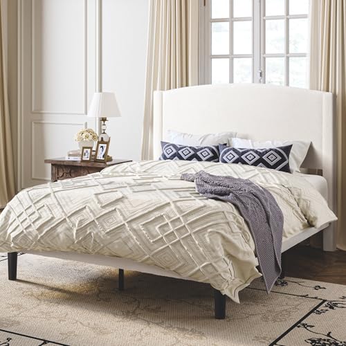 SHA CERLIN Soft Teddy Fabric Bed Frame Queen Size, Curved Headboard, White - Image 3