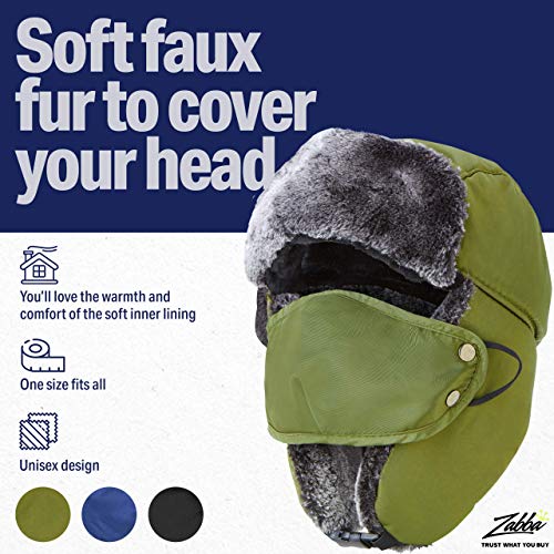 Winter Trapper Hat - Russian Style Ushanka, Trooper, Faux Fur Headwear for Men and Women - Ear Flaps, Chin Strap, Windproof Ski Mask - Covers Full Face - Hunting, Snowboarding Accessories Blue