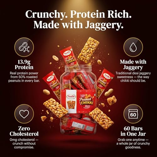 Image of Tauffa Peanut Chikki Jar 60 Pieces (18g Each) | Traditional Groundnut & Jaggery Snack | Protein Rich Peanut Brittle | No Added Preservatives or Colours