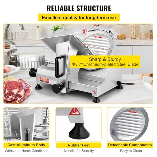 Image of VEVOR Commercial Meat Slicer, 200W Electric Deli Food Slicer, 0-12mm Adjustable Thickness Electric Meat Slicer, 350-400RPM Slicer with 8.7'' Chromium-plated Steel Blade for Home & Commercial Use