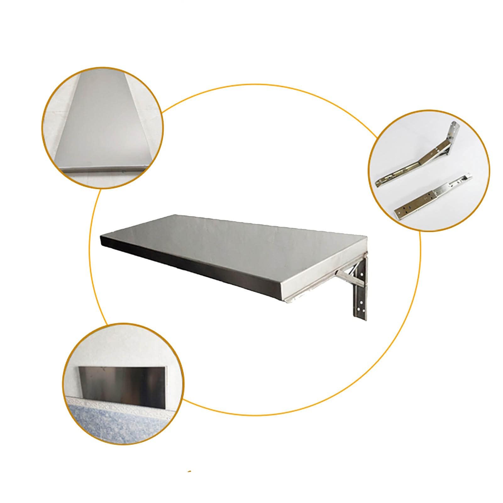 Tavolo Pieghevole a ribalta in Acciaio Inox da Parete, Tavolo da Pranzo Verticale con Supporto in Metallo, salvaspazio per casa, Ufficio, Lavanderia, 60x35 cm