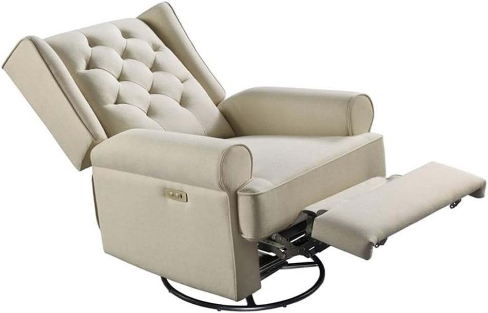 Pemberly Row Traditional Fabric USB Glider Recliner, 40" H x 33" W x 37.4" D, Wood and Natural Fabric, Swivel Recline Rock Glide, Neutral Living Room Seating