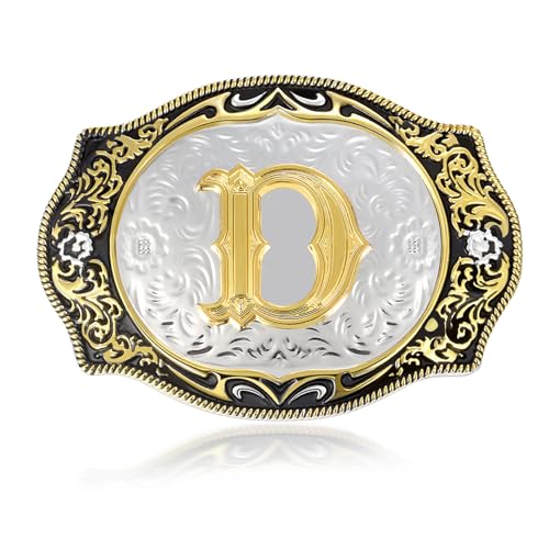 BBOTEN Western Initial Letters Belt Buckle ABCDEFG to XYZ Golden Alphabet Letters Belt Buckles for Men Women Cowboy, D