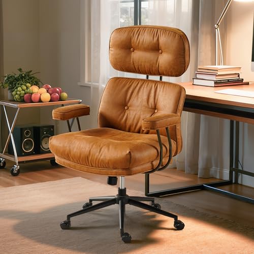 OOSWIFT Home Office Desk Chair, Mid-Century Modern Office Chair with Adjustable Lumbar Support, Thickened Cushion Executive Desk Chair with 360 Rolling Swivel for Meeting Game Study Room(Light Brown)