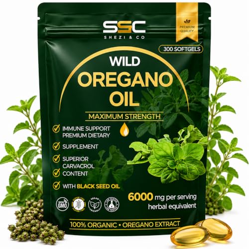 Wild Oregano Oil Capsules 6000mg 300 Softgels 95% Carvacrol Formula with Black Seed Oil Olive Leaf Turmeric & Ginger High Strength Herbal for Daily Immune Digestive & Respiratory Support