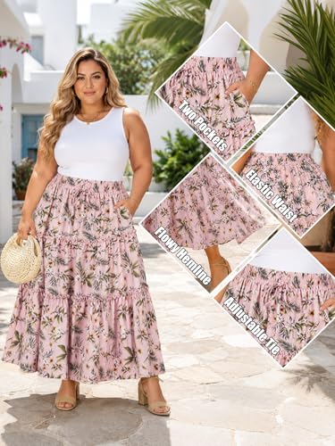 Image of Moon Wood Plus Size Maxi Skirts for Women Trendy Long Flowy Boho Tiered Skirt Renaissance Summer Beach Skirt with Pockets
