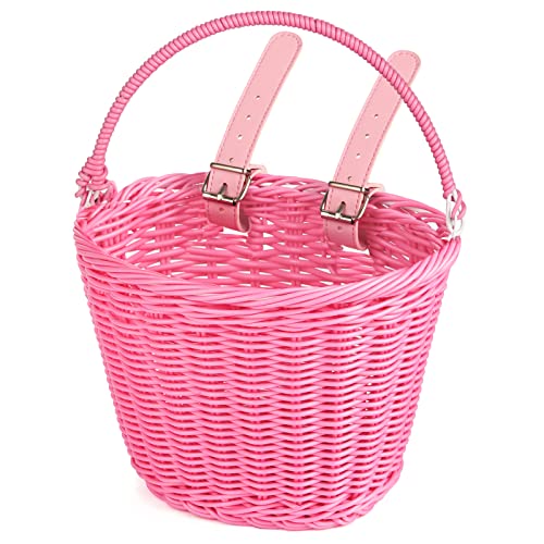 Cesta Bicicleta Niña, Cesta Bicicleta Infantil, UNOLIGA Cesta Delantera de Bicicleta para Niños Tejida a Mano con Correas y Asa, Apretada y Resistente (Rosa) Cover