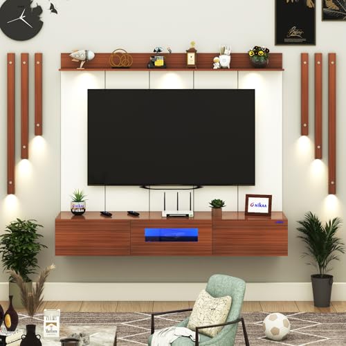 Image of Anikaa LucenPro Engineered Wood Wall Mount TV Unit with PVC Back Panel, Acrylic Blue LED Storage Box, Side Wooden Accent Spot Light Panels I Deal for Up to 50 Inch TV (Walnut - DIY Installation)