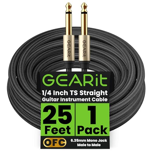 GEARit Guitar Instrument Cable (25ft) 1/4 Inch to 1/4 inch TS Straight Male to Male 6.35mm Mono Jack with Alloy Connector and Nylon Braid
