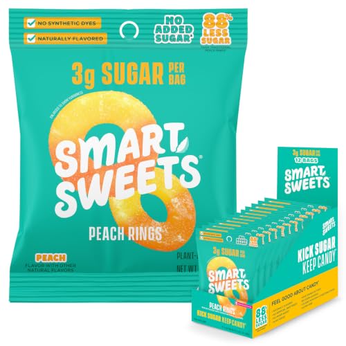 SmartSweets Peach Rings, Low Sugar Gummy Candy (3g), Low Calorie (130), Gluten-Free -1.8oz (Pack of 12) Packaging may vary