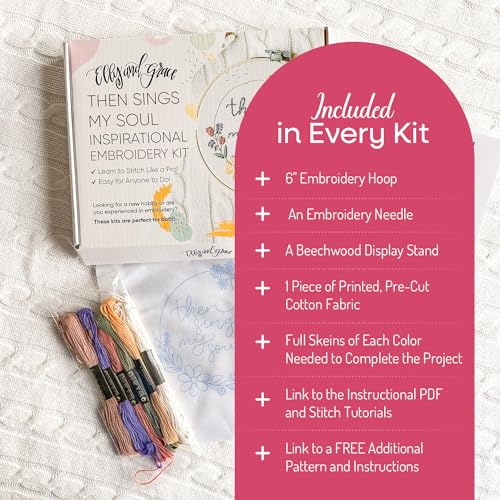 Image of Elly & Grace Christian Embroidery Kit with Embroidery Hoop, Easy Embroidery Kit for Beginners and Adults, Full Embroidery Hoop Kit with Needles and Thread Included (Then Sings My Soul)