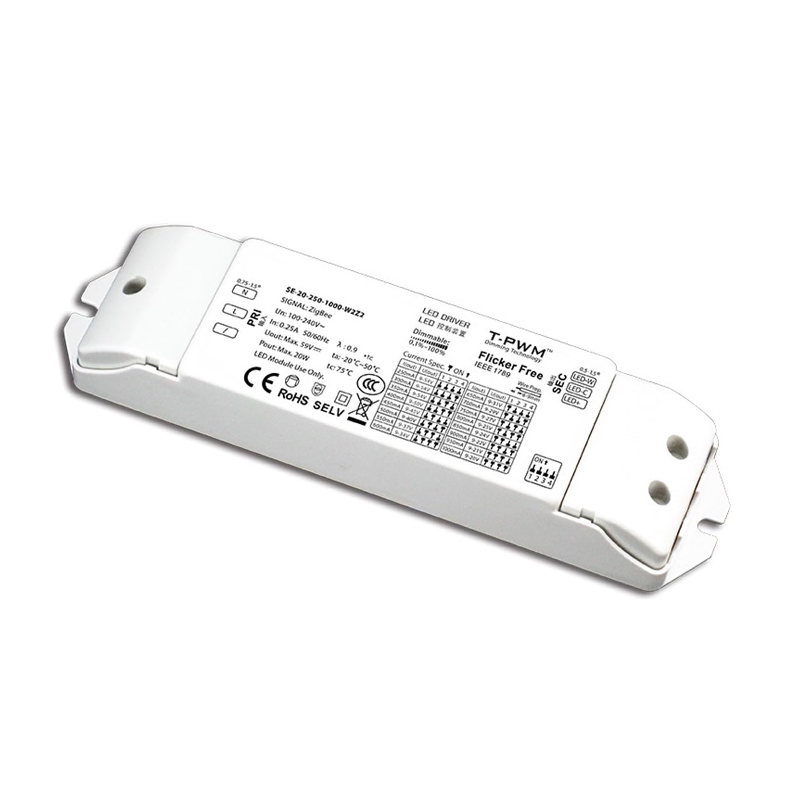 Pilote LED Blanc Variable 20W Dim CCT à Courant Constant 250-1000ma