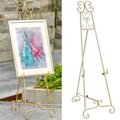 Metal Large Free Standing Adjustable Display Stand Scroll Easel with Chain Support, Gold Easel Stand for Sign, Heavy Duty Easel for Mirror, Wedding, Picture Frame (No Installation Required)
