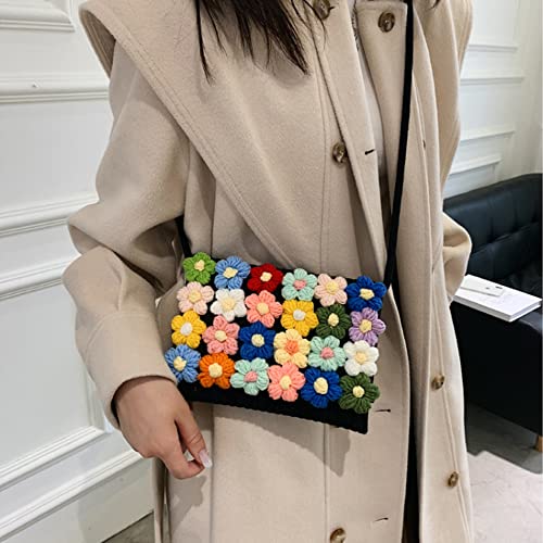 Women's Handwoven Crossbody Shoulder Handbag, Rectangle Cotton Handmade Purse Cute Summer Beach Bag with Knitted Flowers3