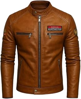 جاكيت جلدي بني للرجال، بسحاب، جيوب متعددة، طراز عصري