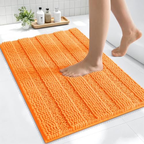 Image of Smiry Thick Small Chenille Bathroom Rugs 24x16, Absorbent Bath Mat, Orange | Quick‑Dry & Machine Washable, Non‑Slip Bath Carpet, Soft Striped Bath Rugs for Tub & Shower, Modern Home Decor Accessories