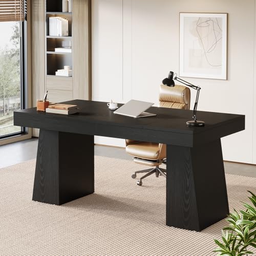 Image of Tribesigns 55-Inch Executive Desk, Thick Wood Office Computer Desk with Double Pedestal, Modern Minimalist Workstations Writing Table Conference Table Furniture for Home Office, Black