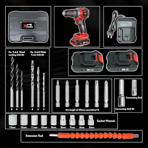 Image of XTOOLS 21V Cordless Impact Drill | 2-Speed Brushless Motor | 10mm Metal Chuck, LED Light | Heavy-Duty for Wood, Brick & Metal | Includes 2 Batteries & Charger
